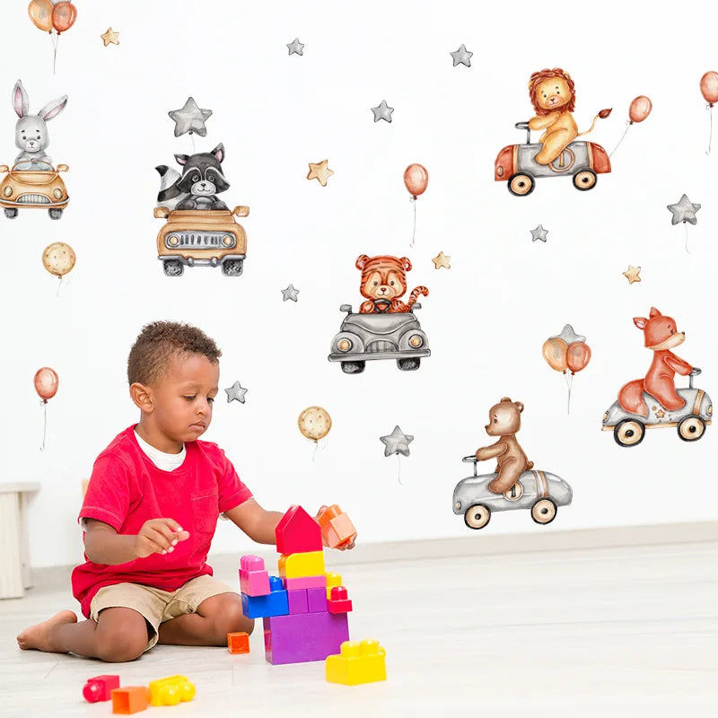 Child playing with building blocks in a room with Tipi Tipi Tap Road Trip Adventure Animals wall decal.