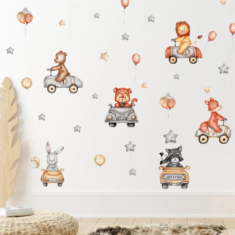 Tipi Tipi Tap Wall stickers of animals in cars with balloons and stars on a white wall.