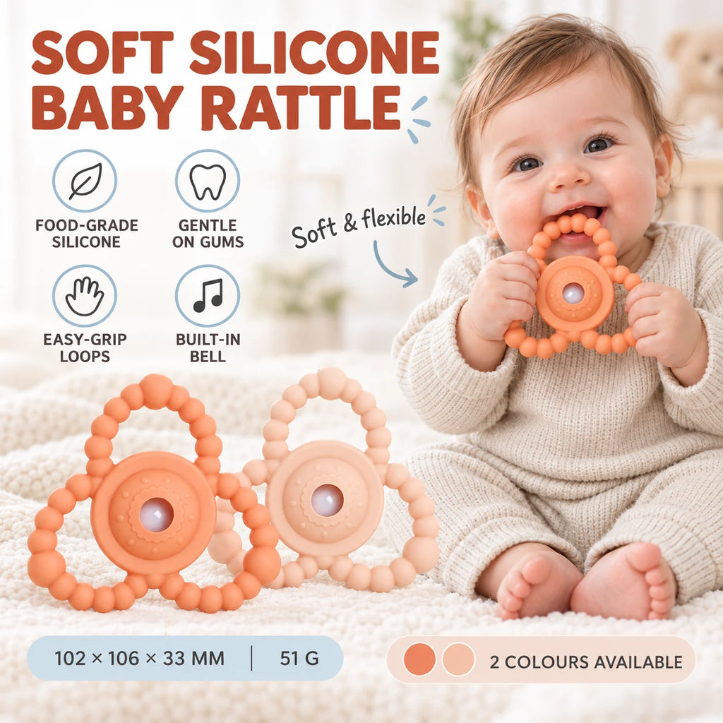 A baby rattle set with two soft silicone Tipi Tipi Tap Triangular Rattle Teether in peach and light orange, shown next to a smiling baby holding one of the rattle teether. The image features text overlays detailing the product features and dimensions.