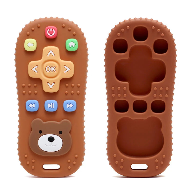Tipi Tipi Tap Silicone baby remote control teether toy in brown color with bear face design on a white background