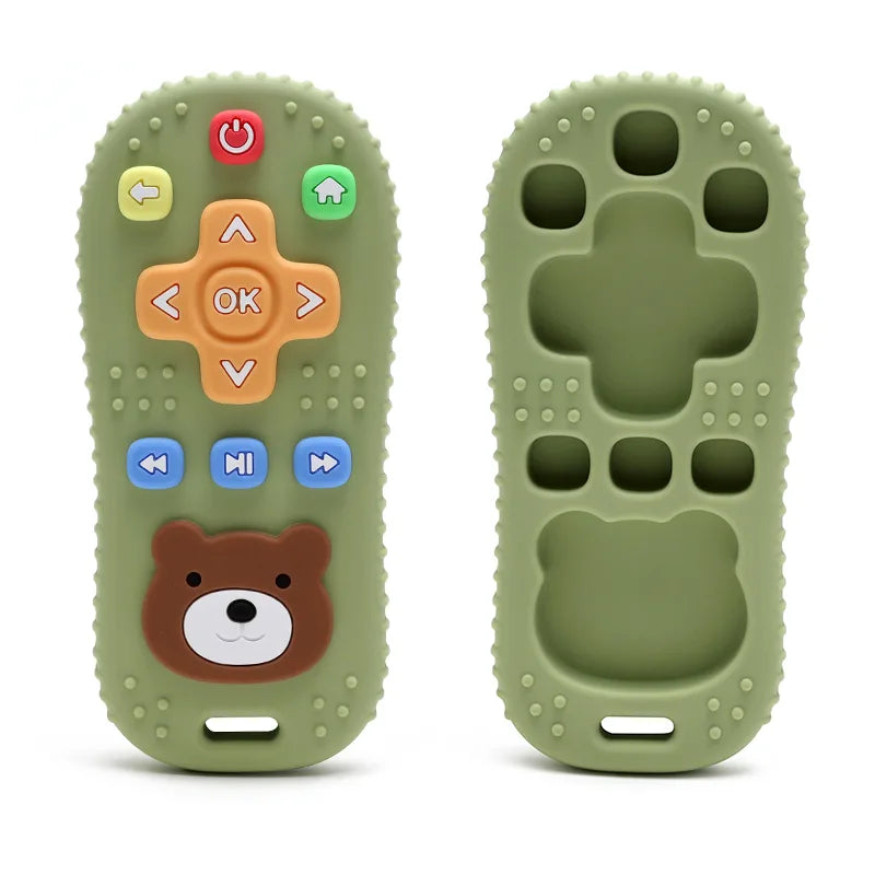 Tipi Tipi Tap Silicone baby remote control teether toy in green color with bear face design on a white background