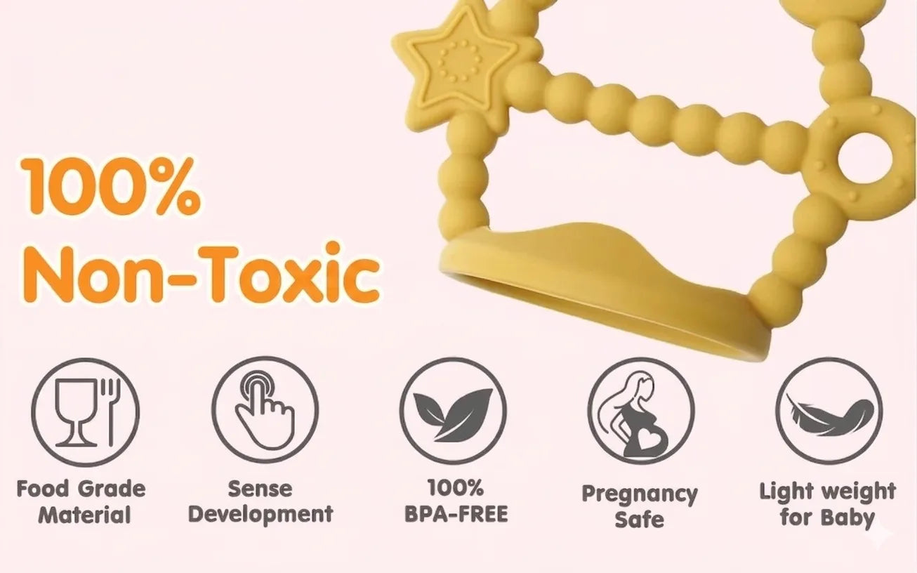 Golden Tipi Tipi Tap silicone baby wrist teether with star, moon and bear shapes on a white background, featuring '100% Non-Toxic' text and icons.