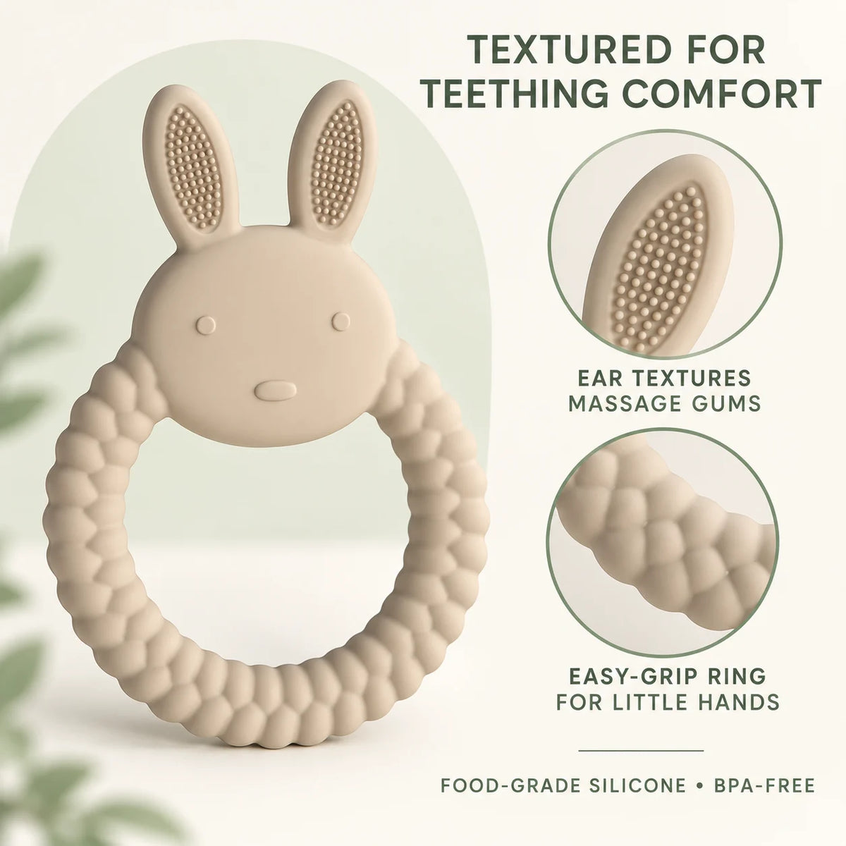 A beige Tipi Tipi Tap Rabbit Silicone Baby Teether with textured ears and massage gums, shown on a soft pale green and white background with callout text and circular detail insets explaining the textures.