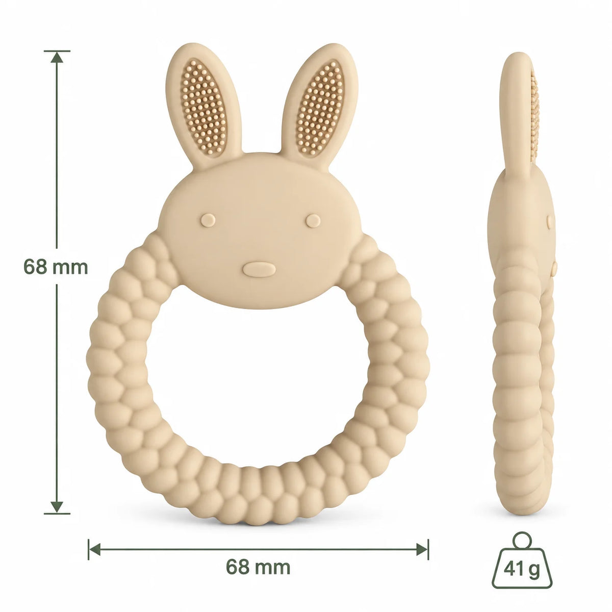 Beige Tipi Tipi Tap Rabbit Silicone Baby Teether with textured ring and upright handle, shown on a white background with dimension markers of 68 mm and a weight icon of 41 g.