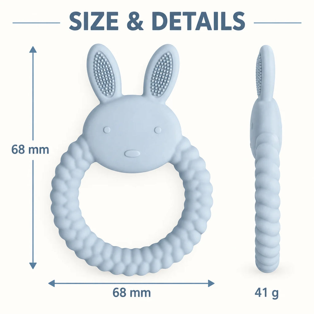 A light blue Tipi Tipi Tap Rabbit Silicone Baby Teether with textured ears and a wavy handle, shown with dimension labels (68 mm width and 68 mm height) and weight (41 g) on a light gray background under the heading 'SIZE & DETAILS'.