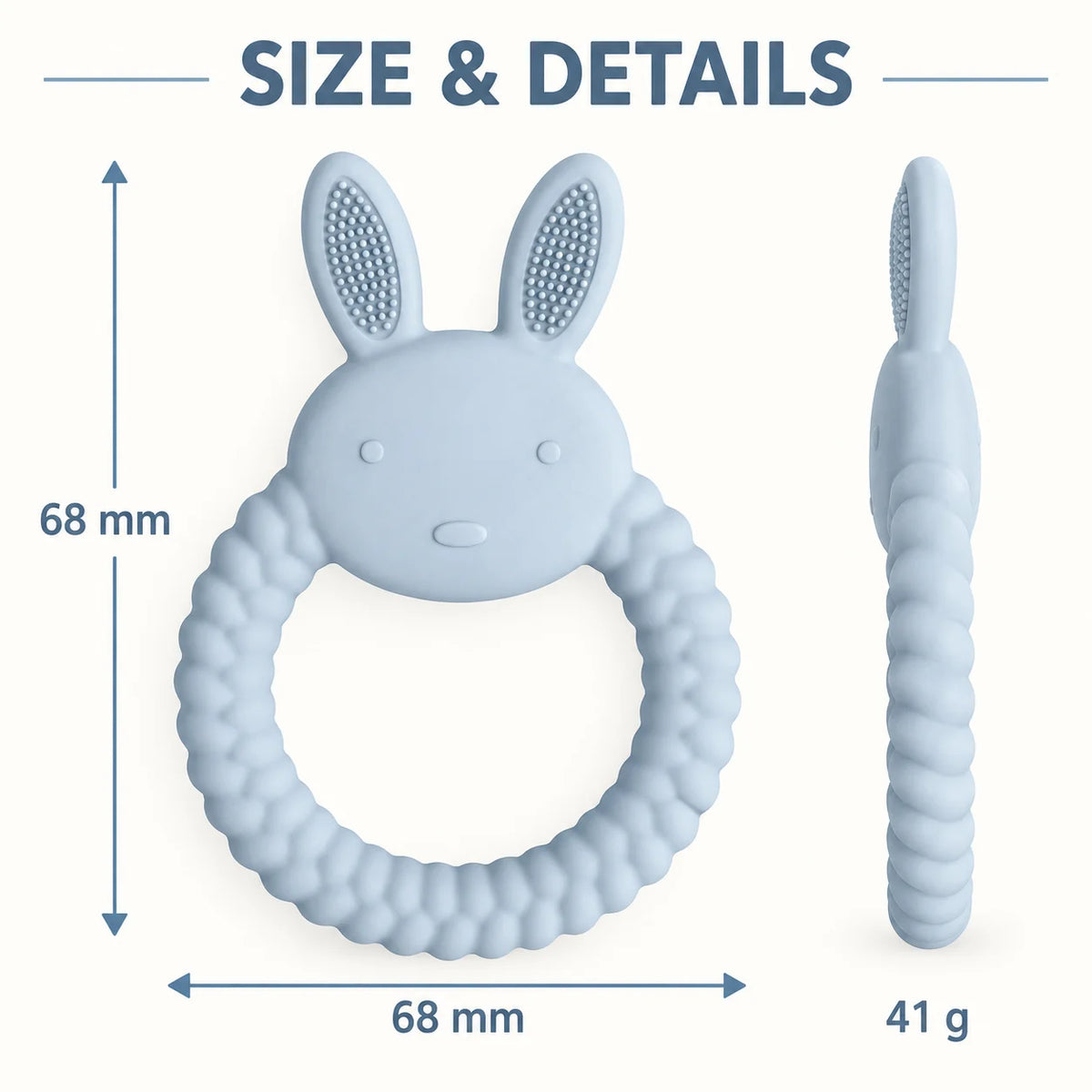 A light blue Tipi Tipi Tap Rabbit Silicone Baby Teether with textured ears and a wavy handle, shown with dimension labels (68 mm width and 68 mm height) and weight (41 g) on a light gray background under the heading 'SIZE & DETAILS'.
