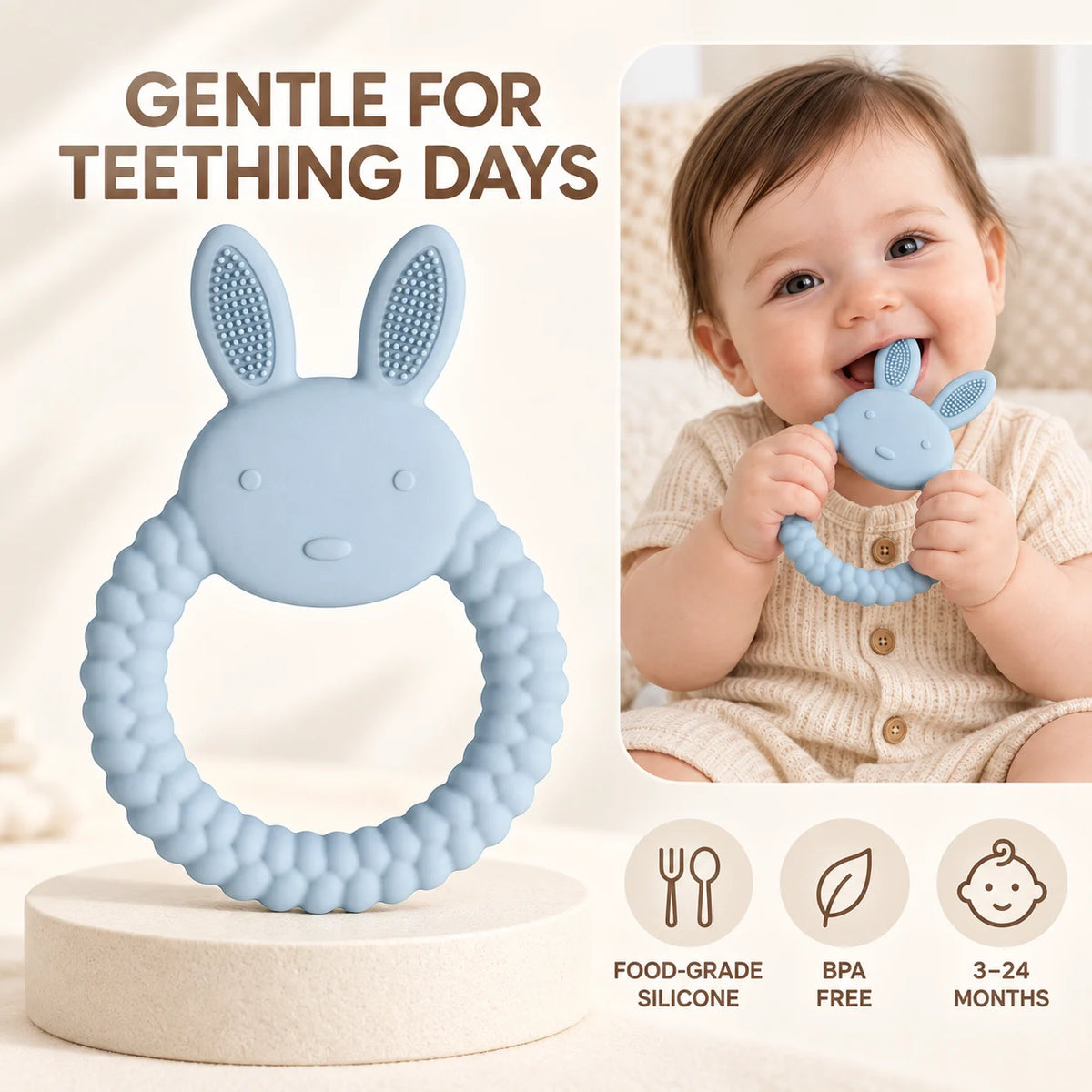 Light blue Tipi Tipi Tap Rabbit Silicone Baby Teether displayed on a pedestal, with a baby holding a matching bunny teether in a photo inset. Text reads 'GENTLE FOR TEETHING DAYS' and icons note food-grade silicone, BPA free, and suitable for 3-24 months.