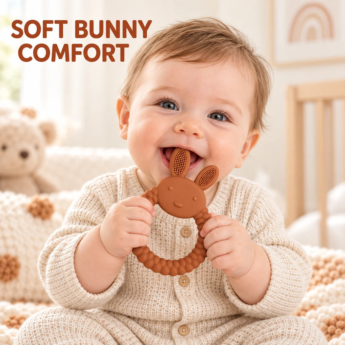 A baby wearing a cream knit outfit holds a brown Tipi Tipi Tap Rabbit Silicone Baby Teether in their mouth. The background shows a cozy nursery setting with a teddy bear and the text 'SOFT BUNNY COMFORT' in brown at the top left.