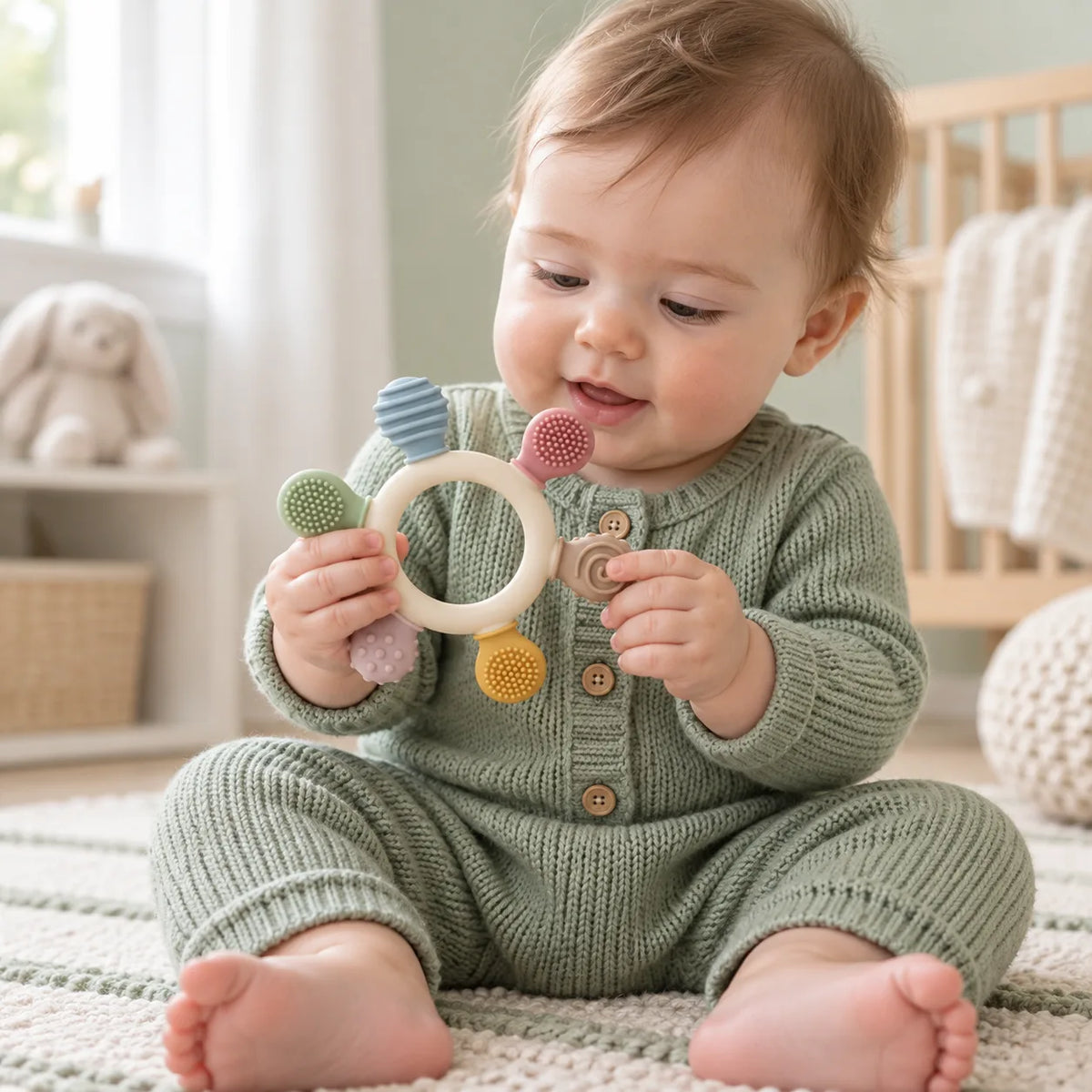 A baby sitting on a textured rug in a softly lit nursery, holding a Tipi Tipi Tap Rainbow Ring Silicone Baby Teether with colorful textured buttons and a wooden spoon.