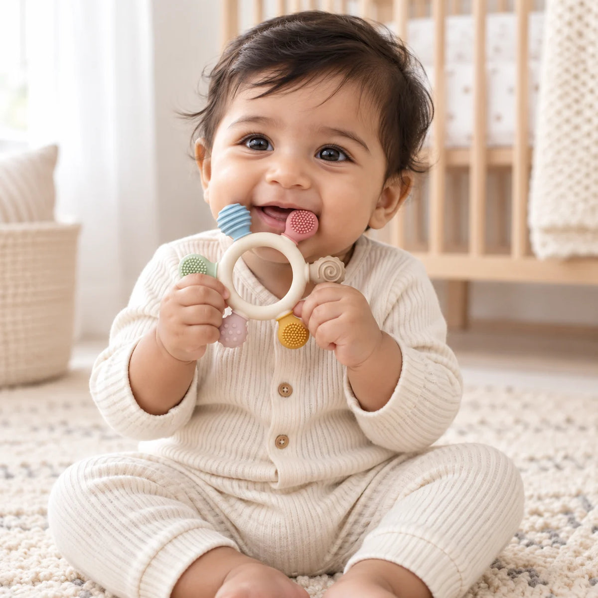 A baby sitting on a rug in a nursery, holding a Tipi Tipi Tap Rainbow Ring Silicone Baby Teether with a ring and small balls.