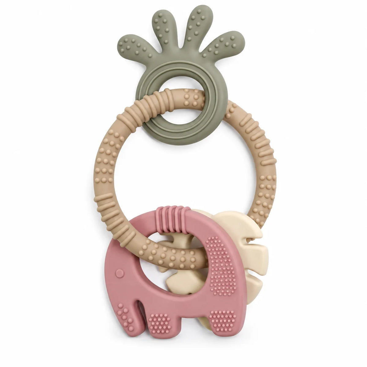 Tipi Tipi Tap 4-in-1 Silicone Baby Teether Ring toy set featuring a textured beige ring, a dusty pink elephant, and a sage green flower, all on a solid white background.