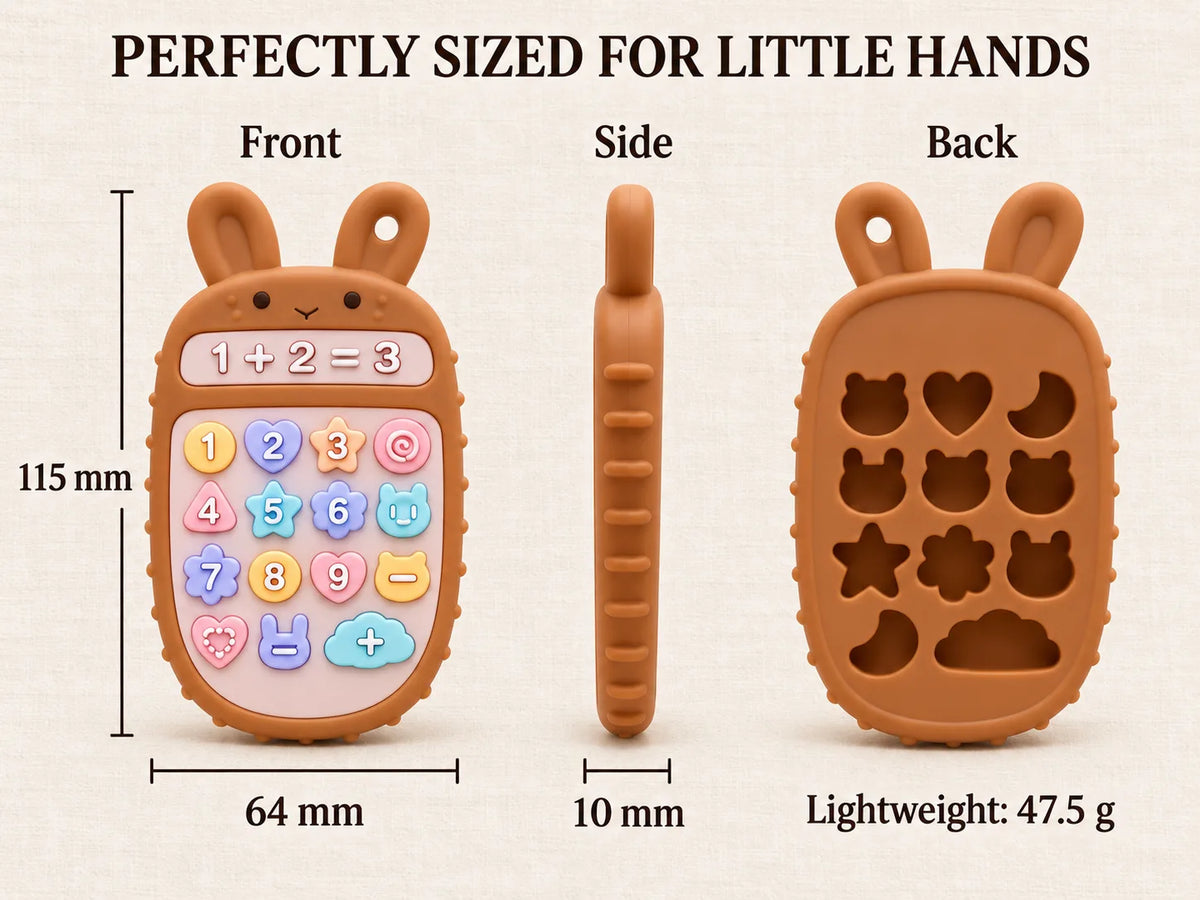 Tipi Tipi Tap Bunny Calculator Silicone Baby Teether shaped like a bunny phone, shown from the front, side, and back on a light beige textured background. The product is brown with a pastel multicolor keypad.