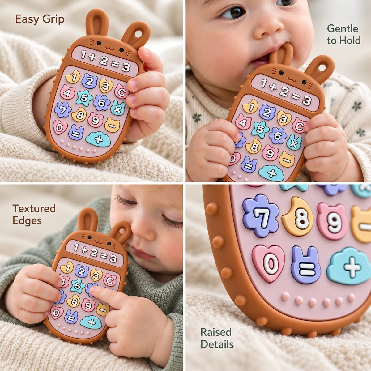 A baby holds a pastel-colored Tipi Tipi Tap Bunny Calculator Silicone Baby Teether. The collage shows close-up feature callouts: easy grip, gentle to hold, textured edges, and raised details.