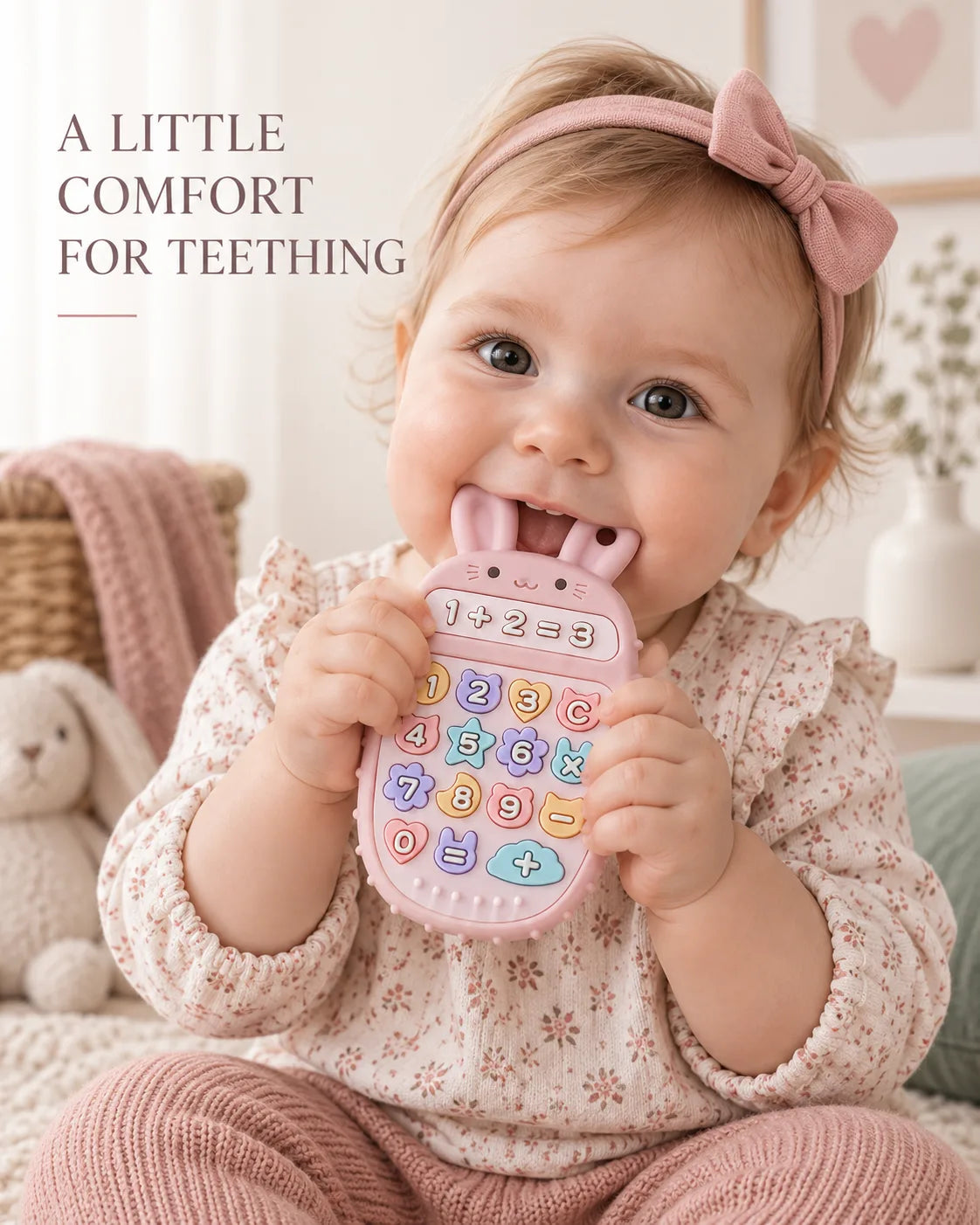 A baby wearing a pink bow headband and a floral long-sleeve top sits indoors holding a pink Tipi Tipi Tap Bunny Calculator Silicone Baby Teether with colorful numbers. The text 'A LITTLE COMFORT FOR TEETHING' appears on the left side.