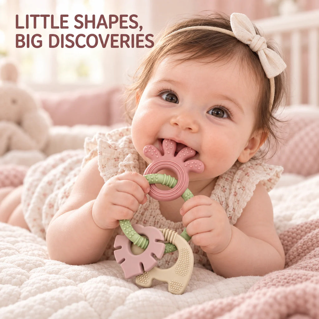 A baby lying on a quilted blanket and interacting with a Tipi Tipi Tap 4-in-1 Silicone Baby Teether Ring Set. The toy has a pink bunny-shaped teether with a green rope and a beige elephant-shaped teether.