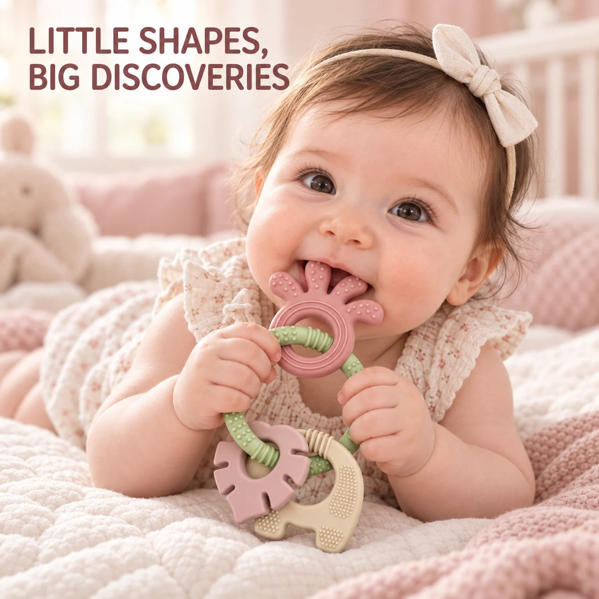 A baby lying on a quilted blanket and interacting with a Tipi Tipi Tap 4-in-1 Silicone Baby Teether Ring Set. The toy has a pink bunny-shaped teether with a green rope and a beige elephant-shaped teether.