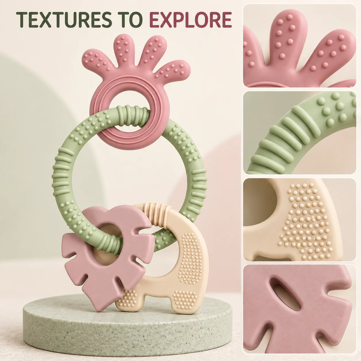 Tipi Tipi Tap 4-in-1 Silicone Baby Teether Ring Set displayed on a round pedestal, with three main pieces and three inset close-up detail panels. The set includes a pink textured ring with a flower-shaped piece, a ribbed light green ring, and a beige elephant-shaped piece.