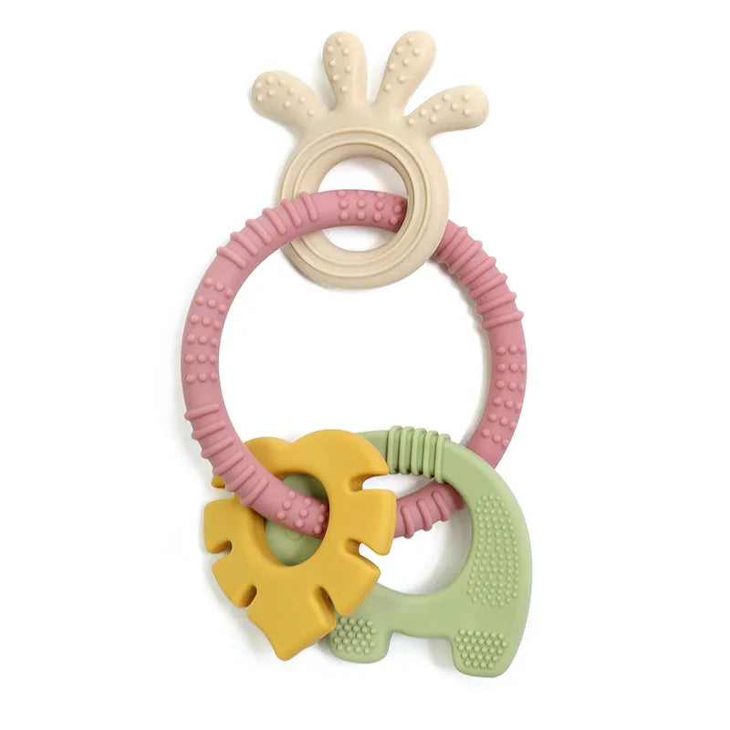 Colorful Tipi Tipi Tap 4-in-1 Silicone Baby Teether Ring Set with pink, yellow, and green components on a white background