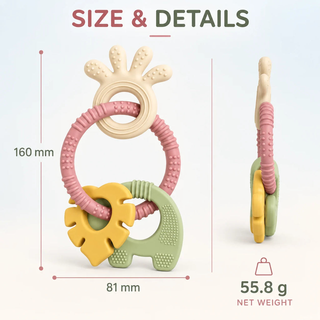 Tipi Tipi Tap 4-in-1 Silicone Baby Teether Ring Set with size and weight details: a large front view showing a pink textured ring with a cream flower-shaped teether on top and a green elephant-shaped teether with a yellow sun teether hanging below, plus a smaller side profile view. Text reads 'SIZE & DETAILS' with dimensions 160 mm height, 81 mm width, and net weight 55.