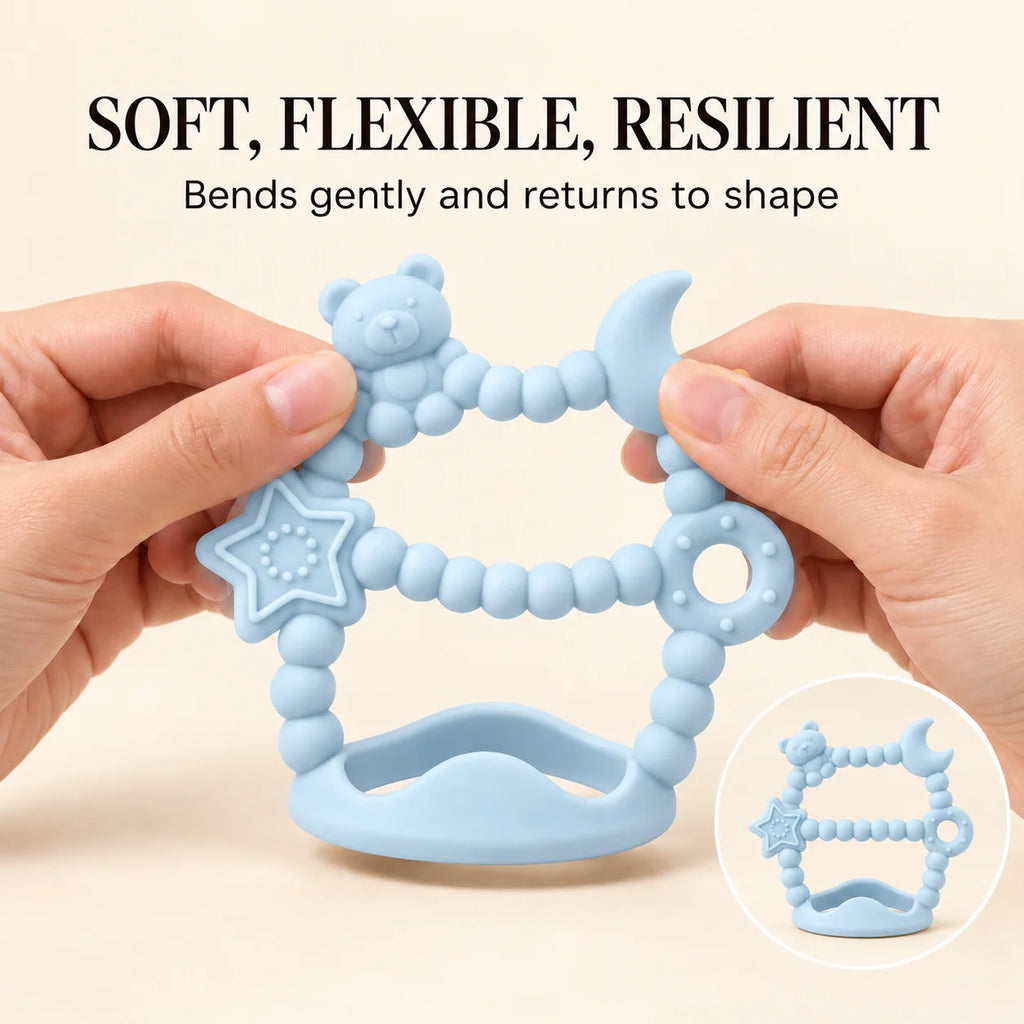 A light blue Tipi Tipi Tap Silicone Baby Wrist Teether (Moon & Star) toy being held by two hands against a warm beige background, with text reading 'SOFT, FLEXIBLE, RESILIENT' and 'Bends gently and returns to shape.' A small circular inset at the bottom right shows the toy from the back.