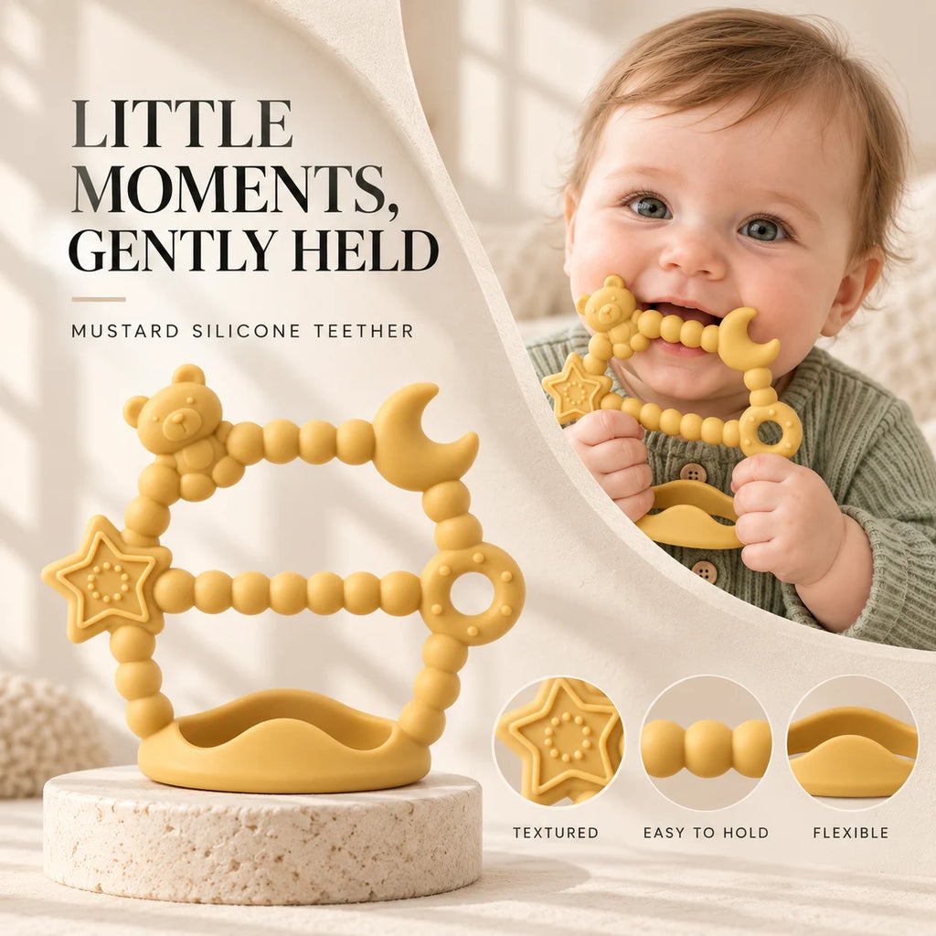 Mustard yellow Tipi Tipi Tap Silicone Baby Wrist Teether (Moon & Star) with a bear, moon, and star design, shown on a pedestal with a baby holding it in the background. Text reads 'LITTLE MOMENTS, GENTLY HELD' and includes feature callouts for textured, easy to hold, and flexible.