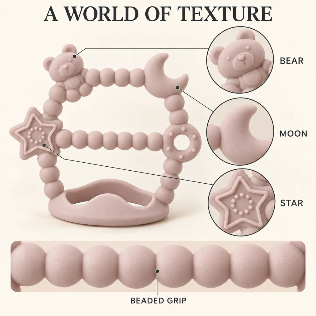 A pale pink Tipi Tipi Tap Silicone Baby Wrist Teether (Moon & Star) shaped like a bear with a crescent moon and star, shown on a light beige background with callout circles highlighting the bear, moon, and star textures, plus a close-up strip of the beaded grip at the bottom.