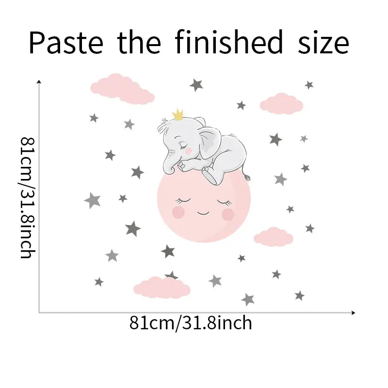 Wall decal of an elephant and moon with measurement details on a white background