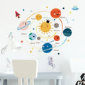 Tipi Tipi Tap Smiling Solar system wall decal on a white wall with a table and chair below.