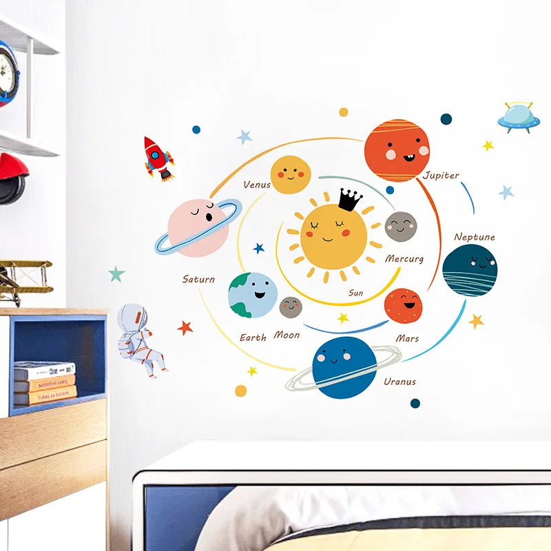 Children's room with Tipi Tipi Tap Smiling Solar System wall sticker with cartoon planets and stars on a white wall.