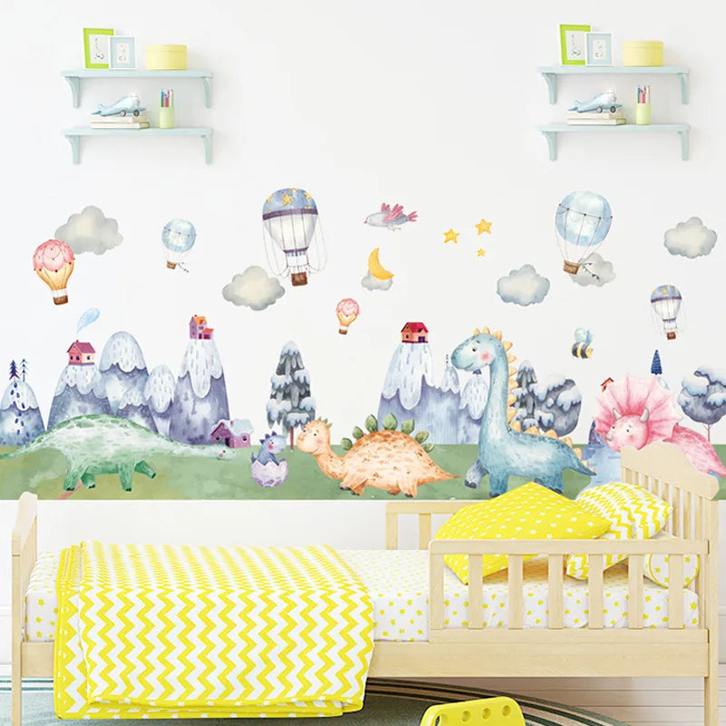 Children's room with The Tipi Tipi Tap Snow Mountain Dinosaur World Wall Stcker and a bed with yellow bedding.