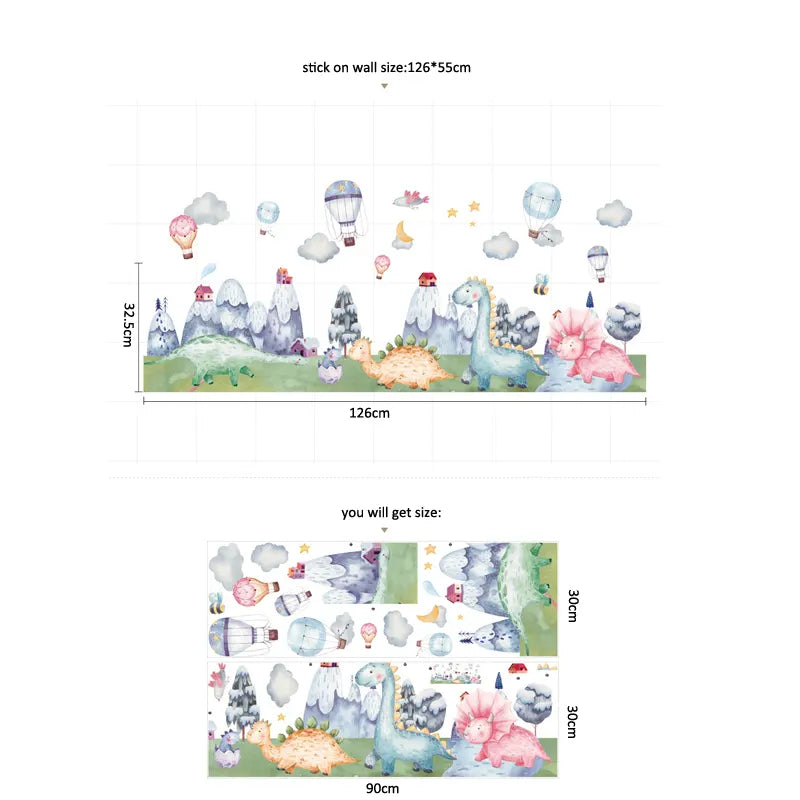 The Tipi Tipi Tap Snow Mountain Dinosaur World Wall Decal on a white background with size and other details.