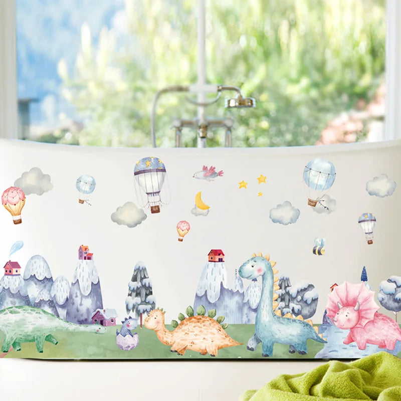 Children's room with Tipi Tipi Tap dinosaur and hot air balloon wall decals on a crib.