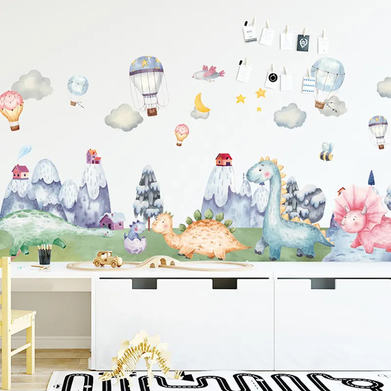 Children's room with Tipi Tipi Tap dinosaur and hot air balloon wall sticker on a white wall.