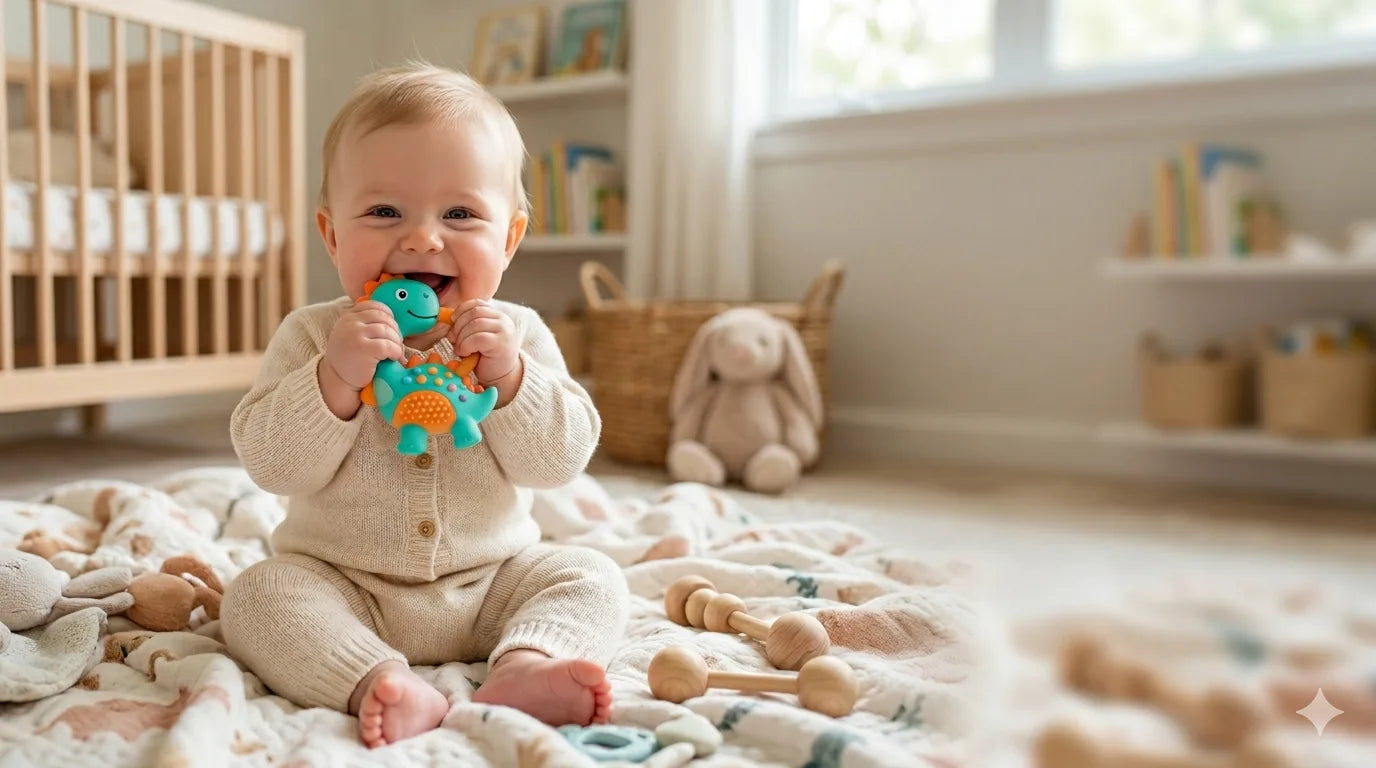 Baby sitting on a blanket in a nursery holding a Tipi Tipi Tap baby teether toy, surrounded by wooden toys and a crib.