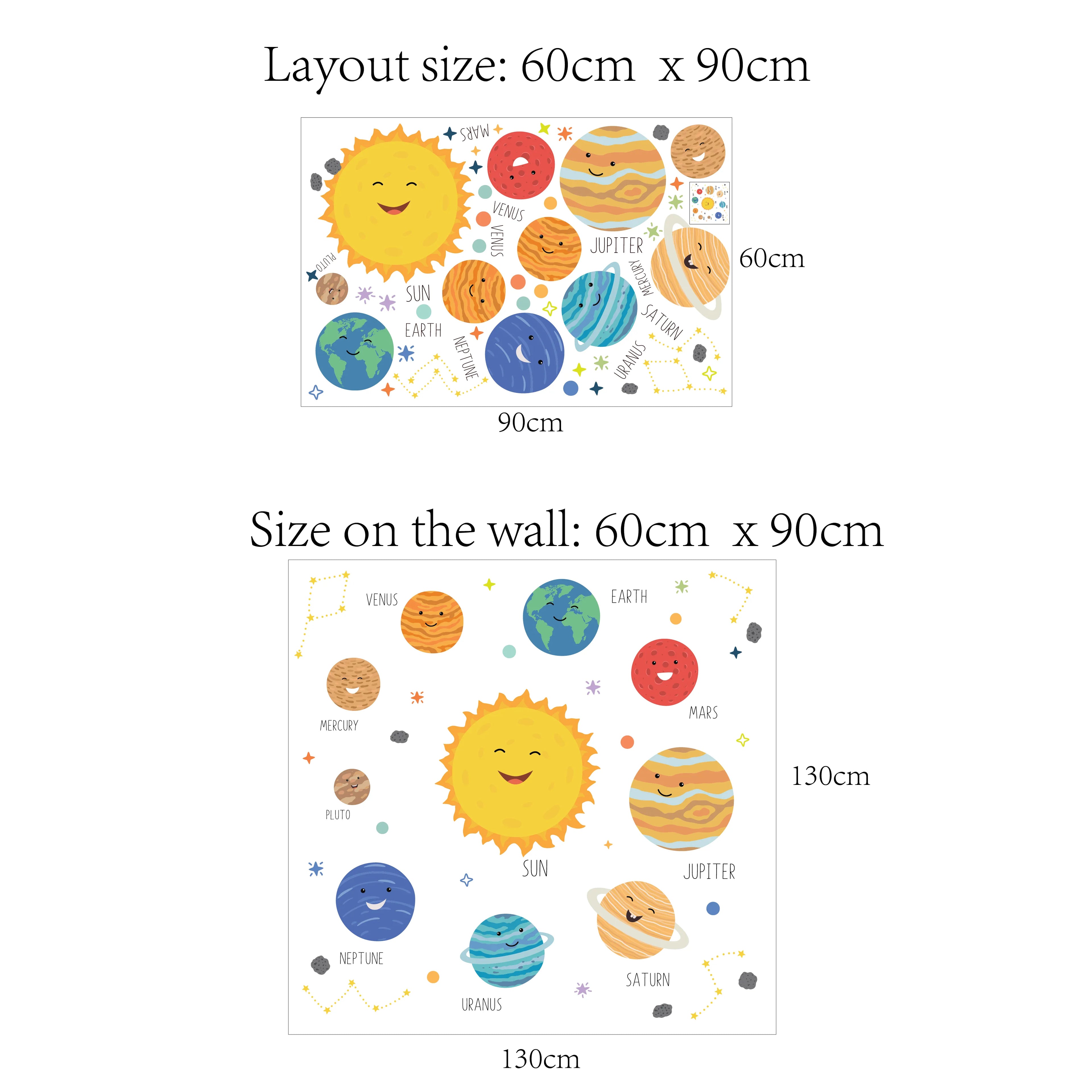 Pumkins Solar system wall stickers with layout and wall dimensions on a white background