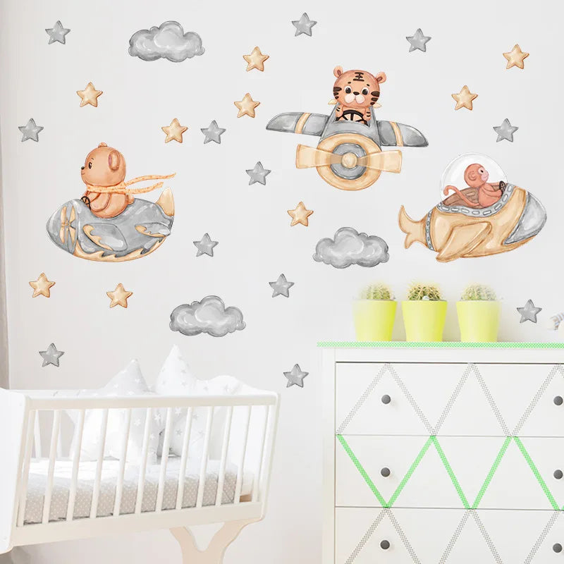 Space Adventure With Cute Animal Wall Decals for Kids Room & Nursery