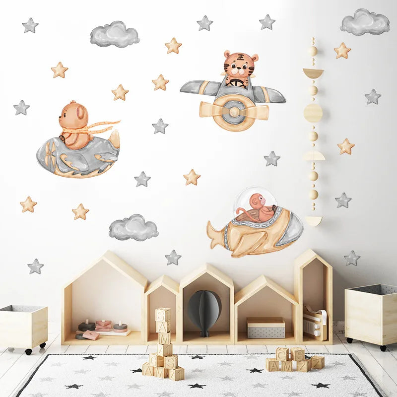 Space Adventure With Cute Animal Wall Decals for Kids Room & Nursery