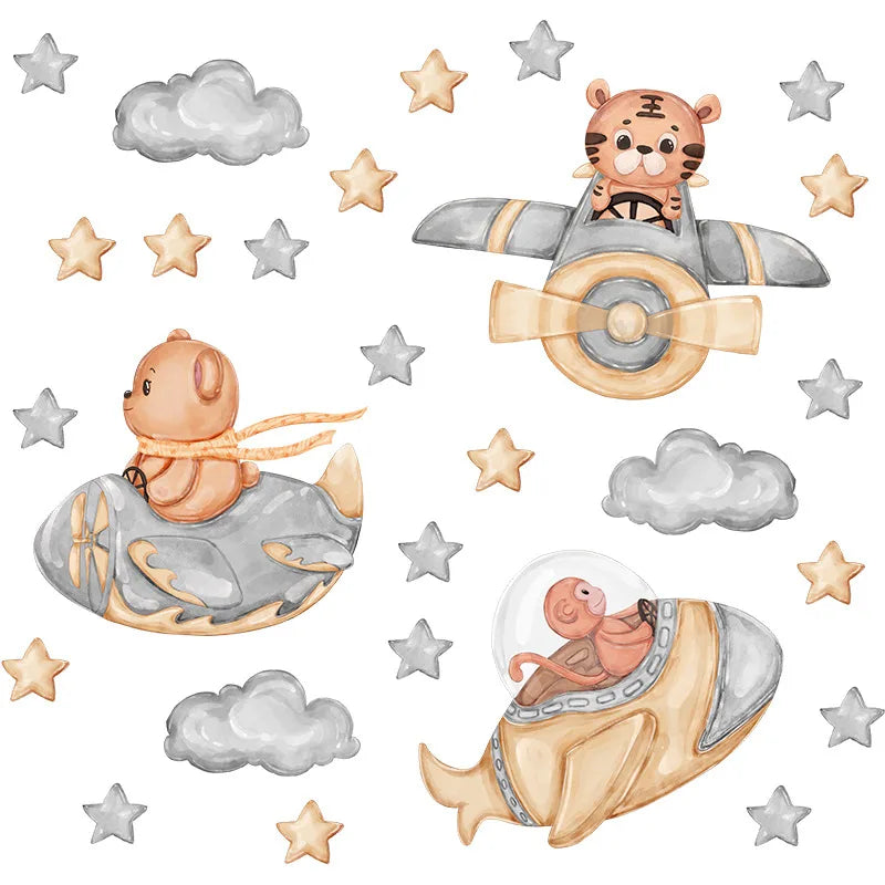 Space Adventure With Cute Animal Wall Decals for Kids Room & Nursery
