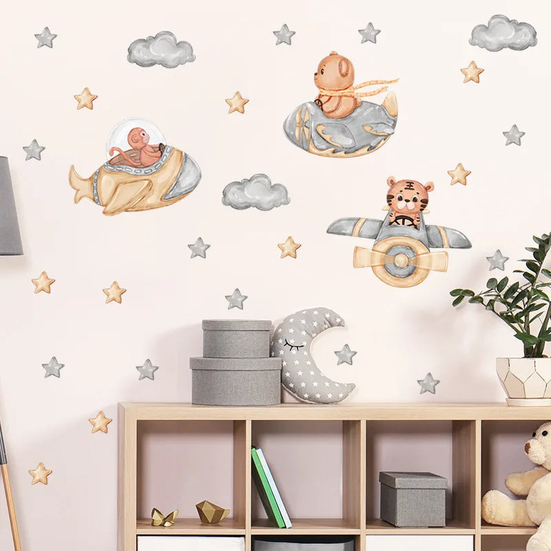 Space Adventure With Cute Animal Wall Decals for Kids Room & Nursery
