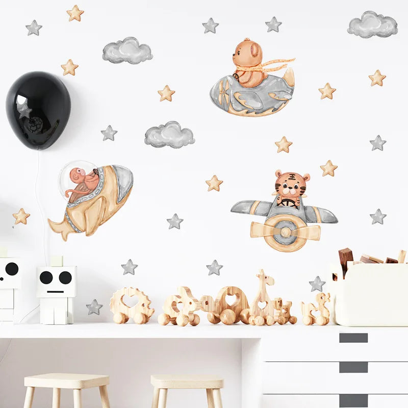 Space Adventure With Cute Animal Wall Decals for Kids Room & Nursery