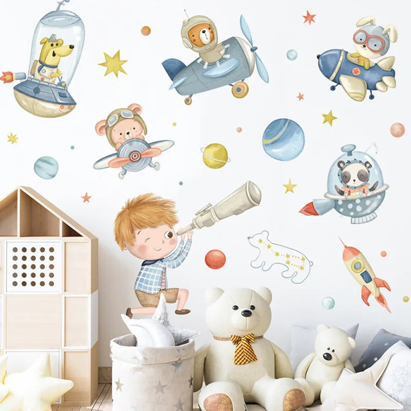 Children's room with Tipi Tipi Tap Space Safari Animal Wall Sticker and toys.