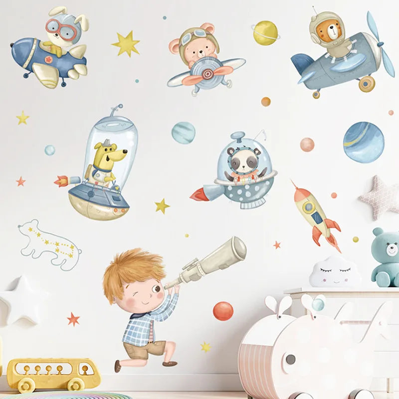 Tipi Tipi Tap Space Safari Animal Wall Decal for kids room on a white wall.