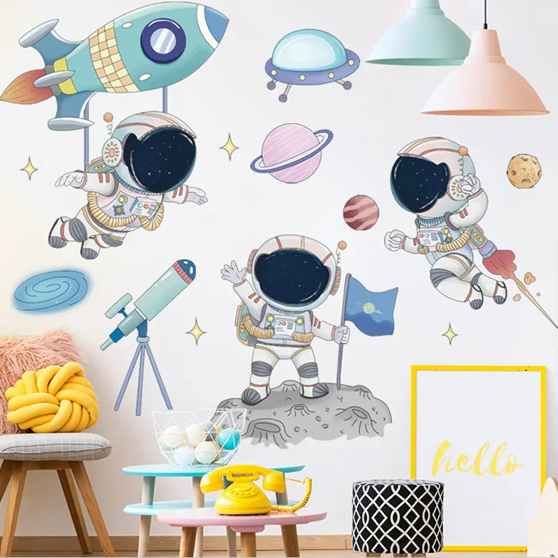 Children's room with Tipi Tipi Tap Space Astronaut, Planets & Solar System Wall Decals, furniture, and decor.