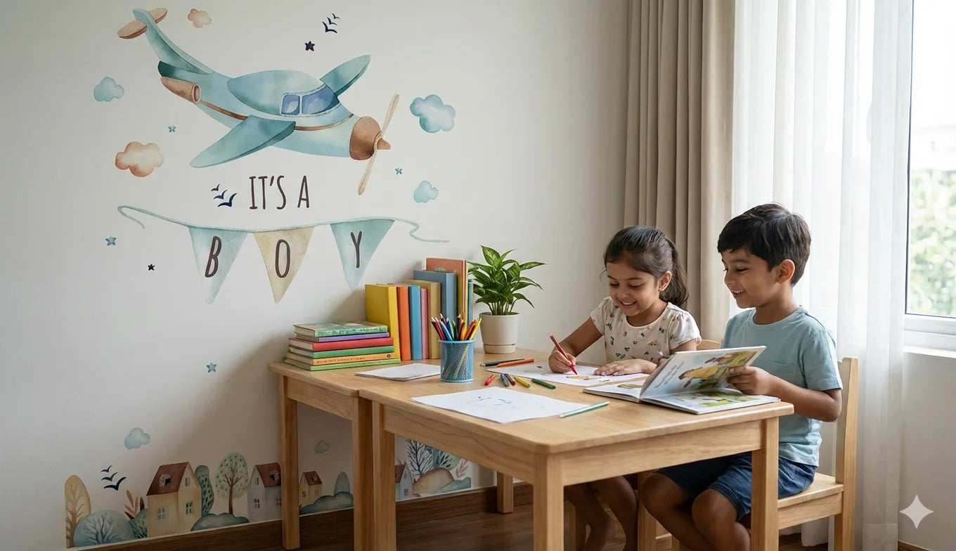 Two children sitting at a table with books and stationery, wall decal with airplane and 'It's a Boy' text in the background.