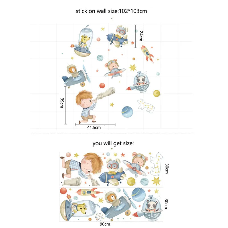 Tipi Tipi Tap wall stickers with space-themed design and measurements on a white background