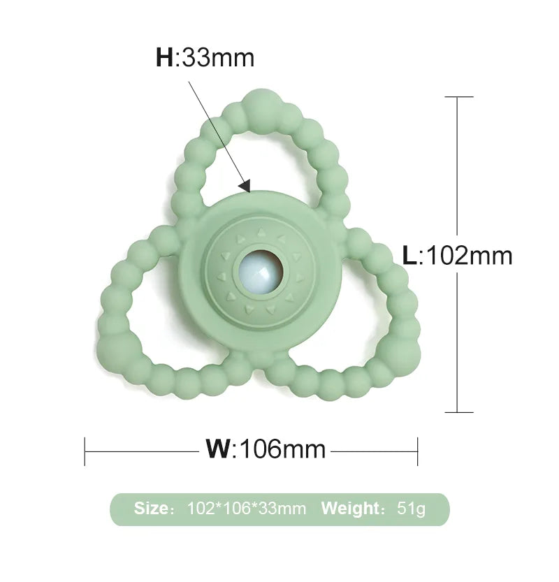 Green Tipi Tipi Tap Triangular Rattle Teether with dimensions labeled on a white background