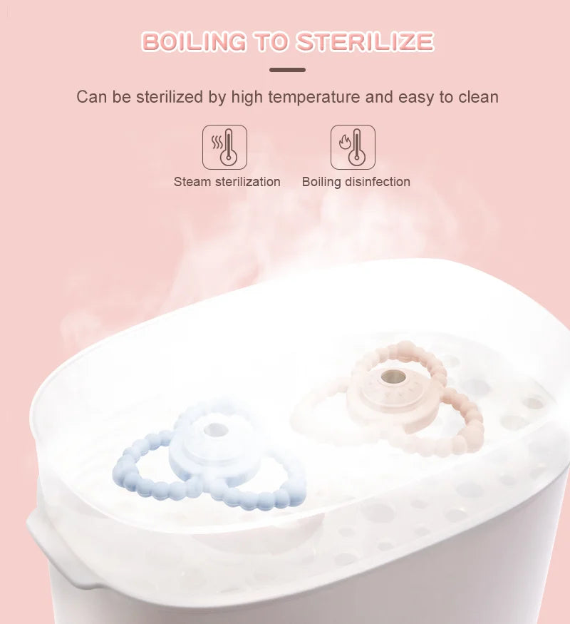 Sterilizer with Tipi Tipi Tap Triangular Rattle Teether in it with text about sterilization methods for teether on a pink background