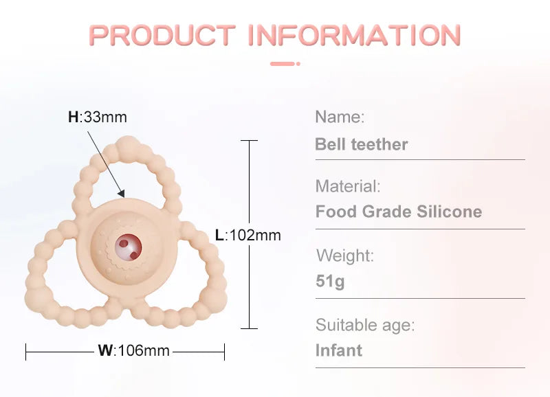 Product information for a Tipi Tipi Tap Triangular Rattle Teether with dimensions and material details on a light pink background.