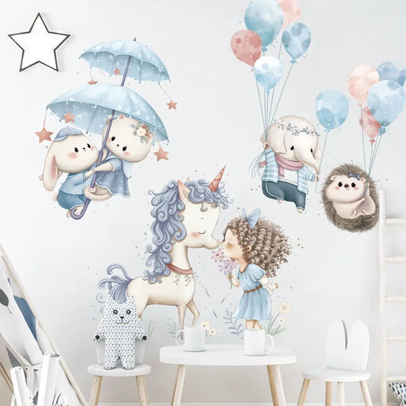 Tipi Tipi Tap Unicorn & Princess Wall Decal comprising cartoon characters including a unicorn, girl, and animals on a white background.