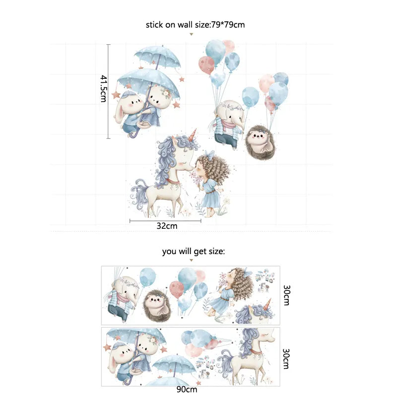 Measurement of Tipi Tipi Tap Unicorn & Princess Wall Decal on a white background.